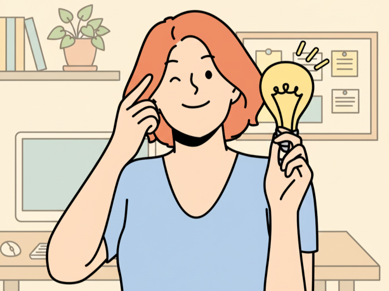 Uma garota com um sorriso de satisfação segura uma lâmpada brilhante, simbolizando a clareza e o insight que a terapia proporciona para que você tenha novas ideias e encontre soluções para os desafios da vida.